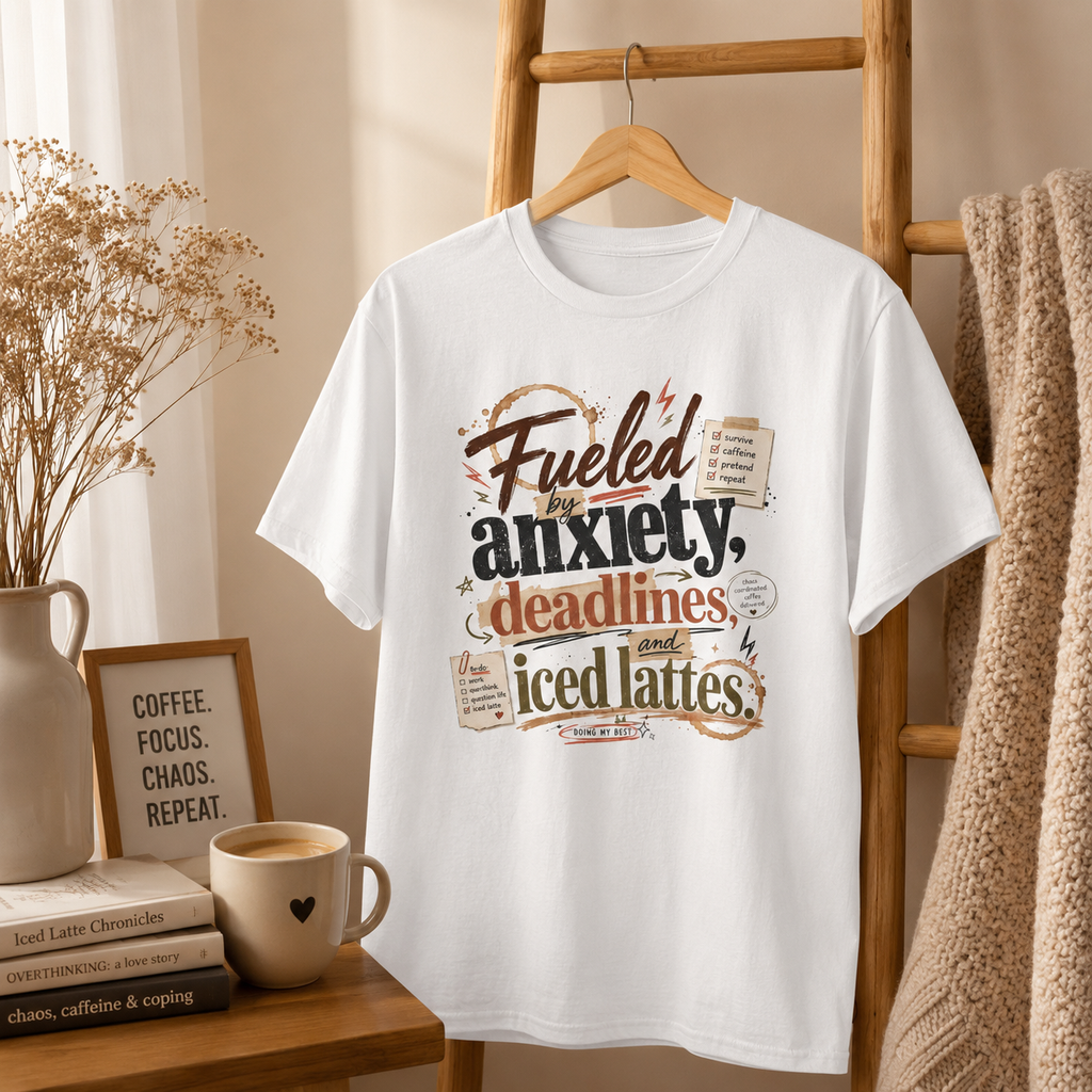 “Fueled by Anxiety, Deadlines &amp; Iced Lattes” Graphic Tee