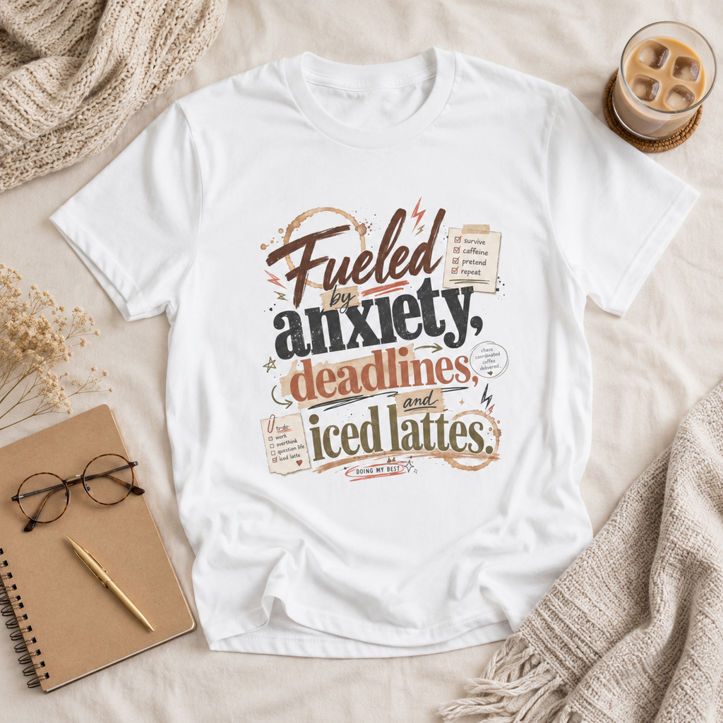 “Fueled by Anxiety, Deadlines &amp; Iced Lattes” Graphic Tee