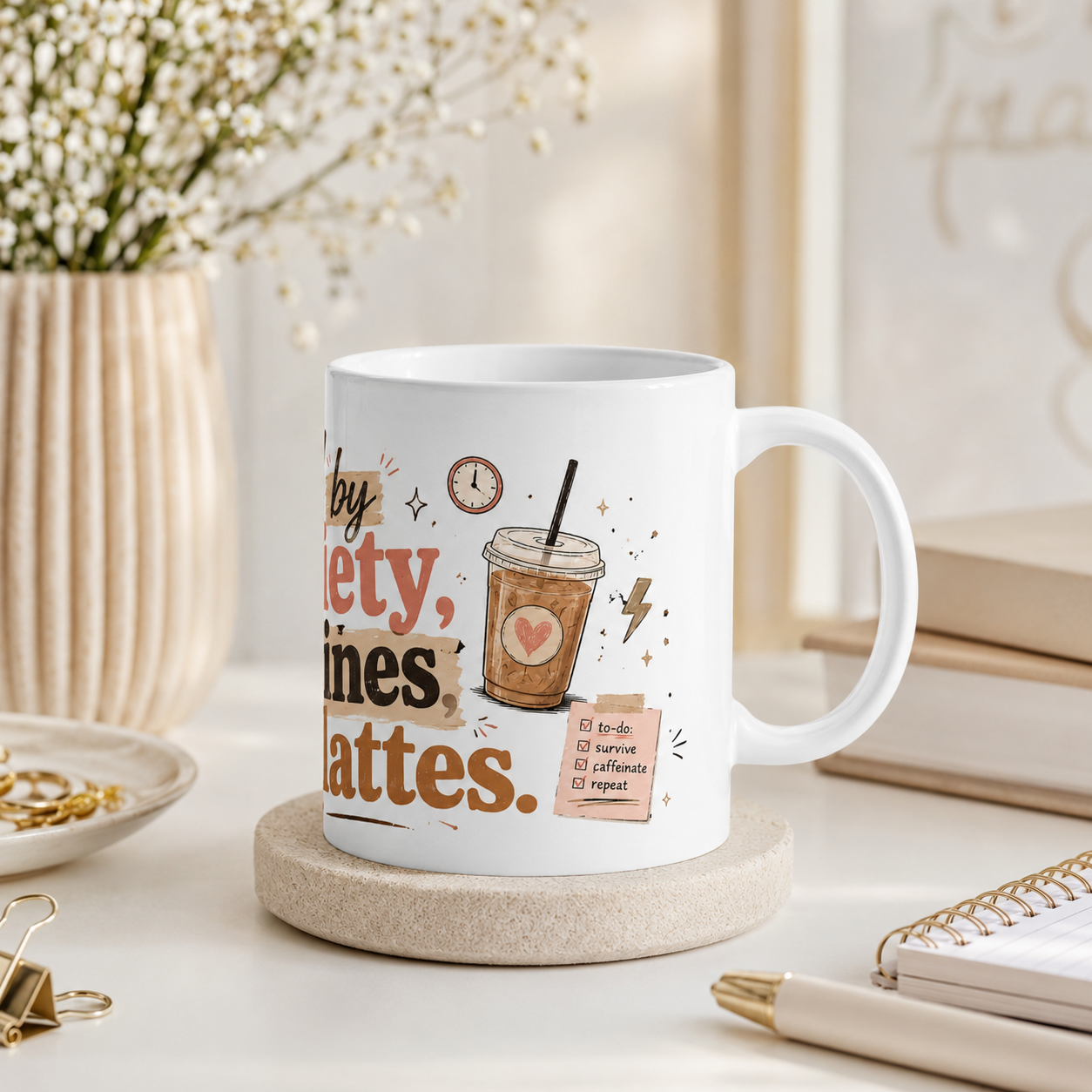 “Fueled by Anxiety, Deadlines &amp; Iced Lattes” Ceramic Mug