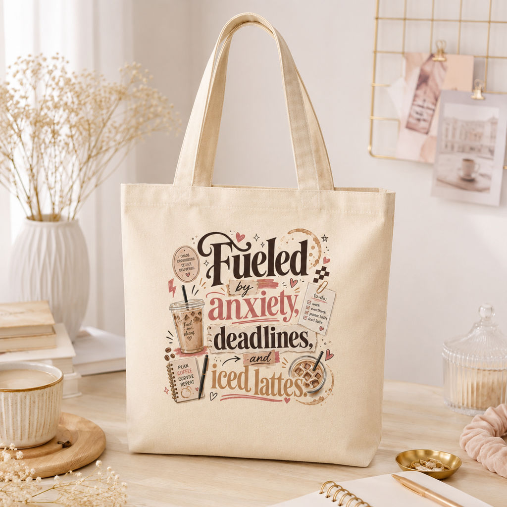 “Fueled by Anxiety, Deadlines &amp; Iced Lattes” Canvas Tote Bag