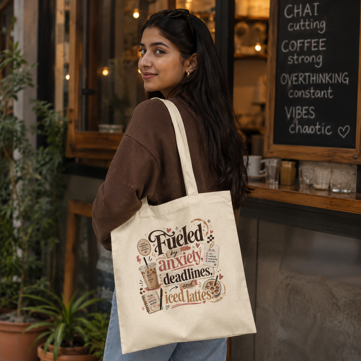 “Fueled by Anxiety, Deadlines &amp; Iced Lattes” Canvas Tote Bag