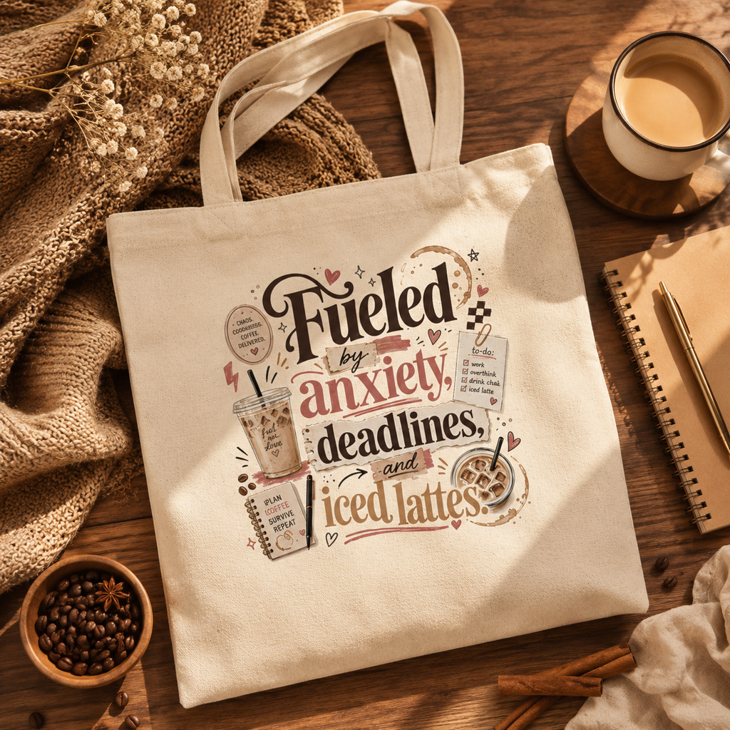 “Fueled by Anxiety, Deadlines &amp; Iced Lattes” Canvas Tote Bag