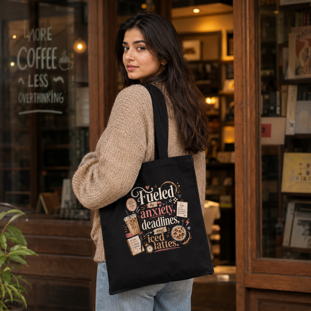 “Fueled by Anxiety, Deadlines &amp; Iced Lattes” Canvas Tote Bag