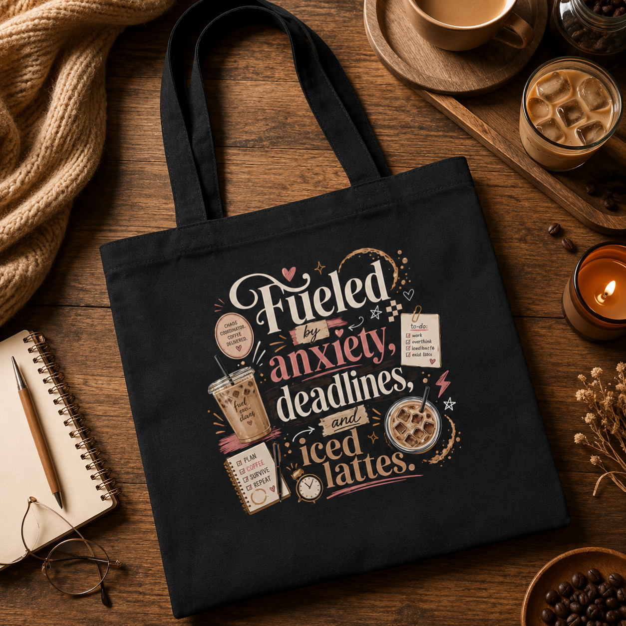 “Fueled by Anxiety, Deadlines &amp; Iced Lattes” Canvas Tote Bag