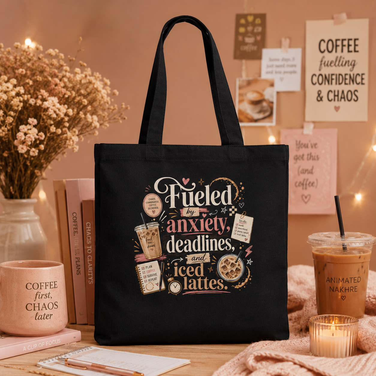 “Fueled by Anxiety, Deadlines &amp; Iced Lattes” Canvas Tote Bag