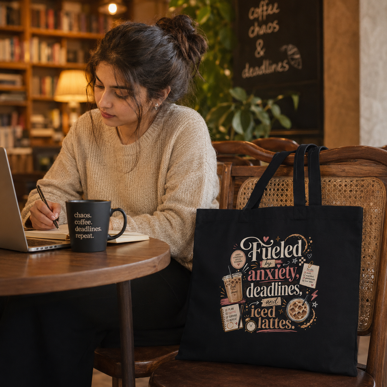 “Fueled by Anxiety, Deadlines &amp; Iced Lattes” Canvas Tote Bag