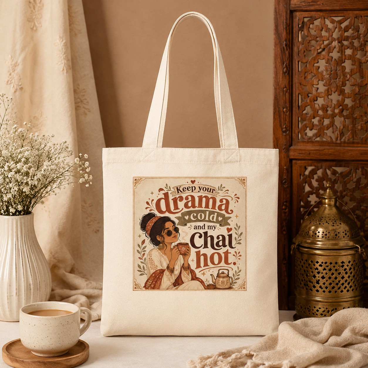 “Keep Your Drama Cold and My Chai Hot” Canvas Tote Bag