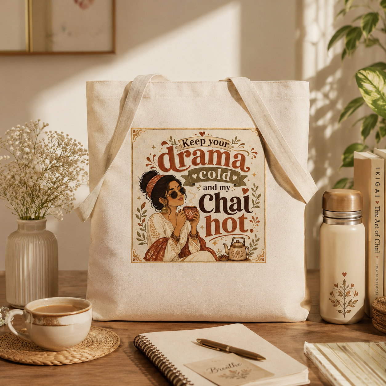 “Keep Your Drama Cold and My Chai Hot” Canvas Tote Bag