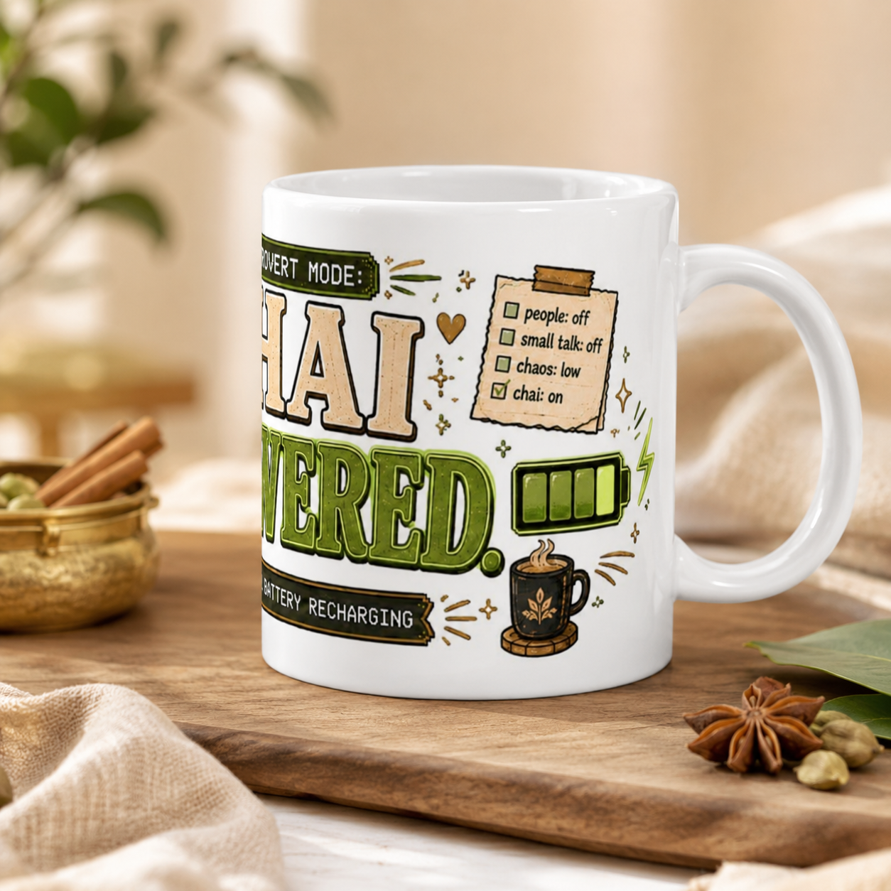 “Introvert Mode: Chai Powered” Ceramic Mug