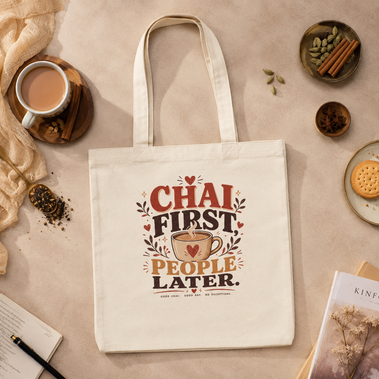 “Chai First, People Later” Canvas Tote Bag