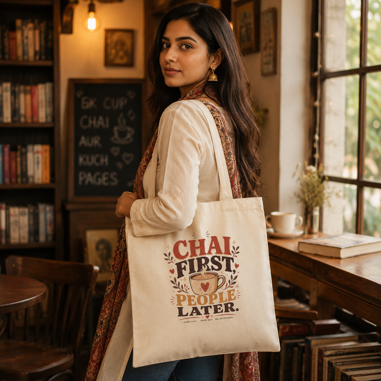 “Chai First, People Later” Canvas Tote Bag