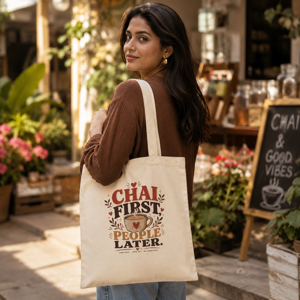 “Chai First, People Later” Canvas Tote Bag