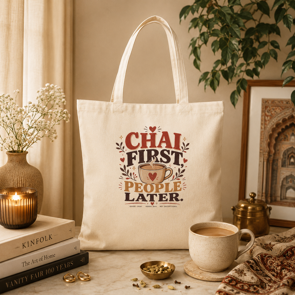 “Chai First, People Later” Canvas Tote Bag