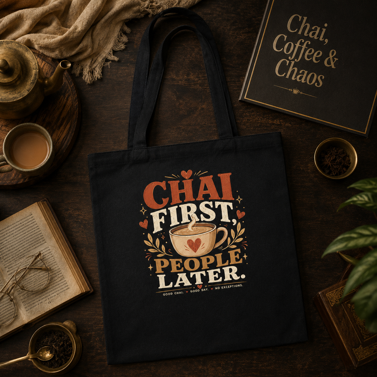 “Chai First, People Later” Canvas Tote Bag