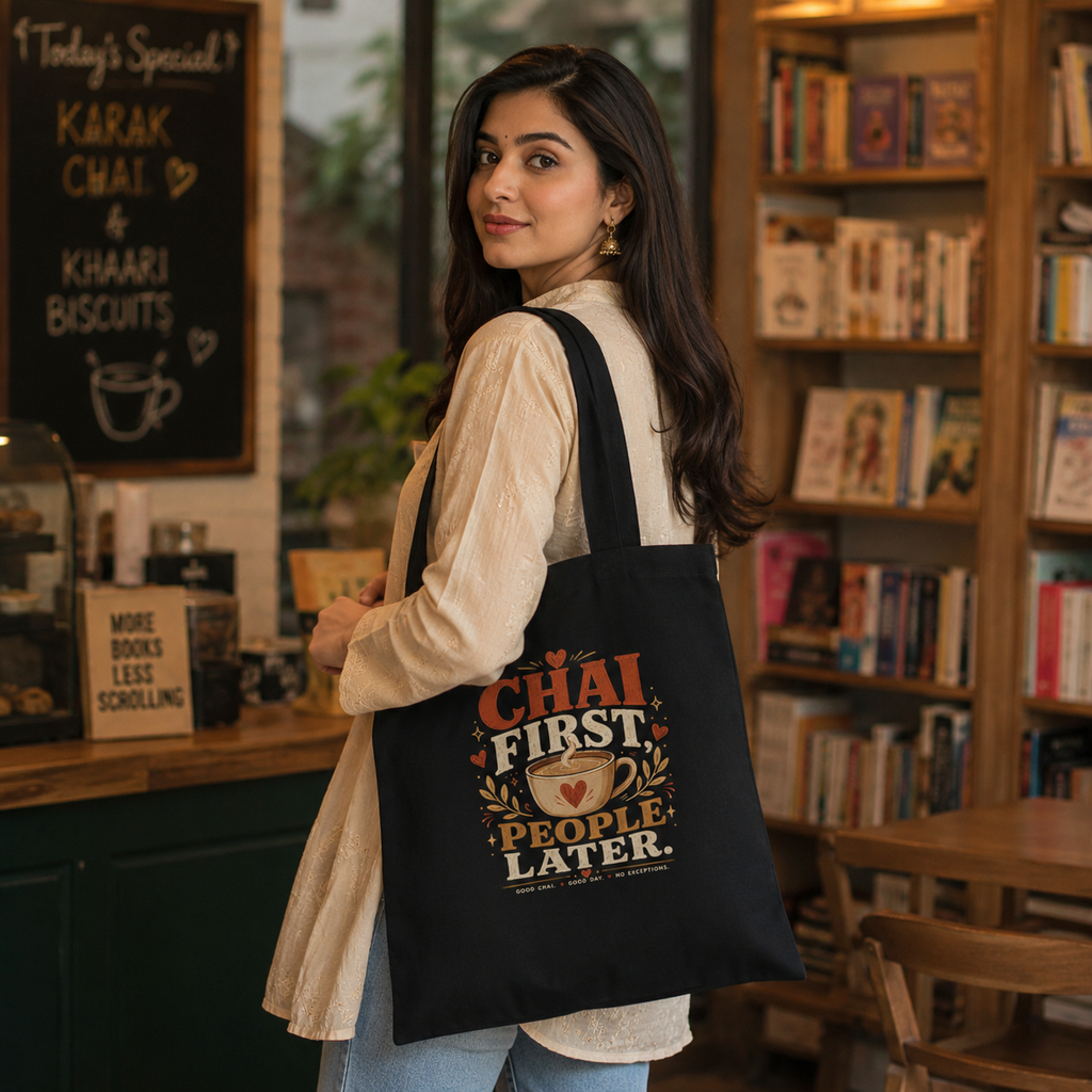 “Chai First, People Later” Canvas Tote Bag