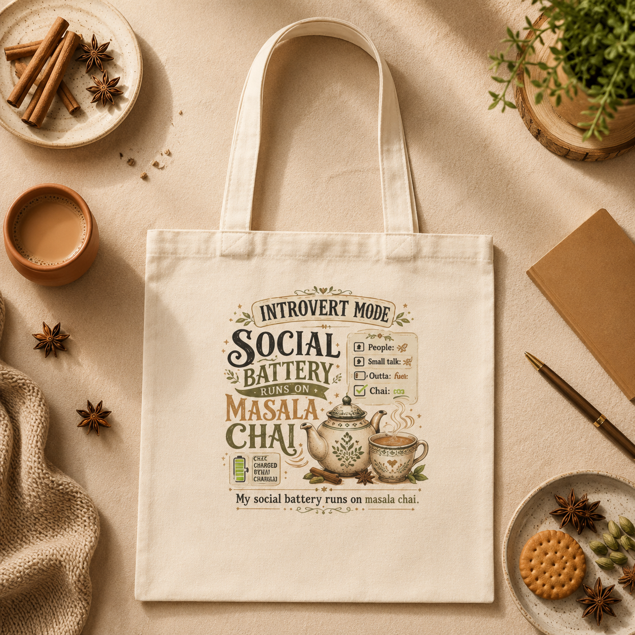 “My Social Battery Runs on Masala Chai” Canvas Tote Bag