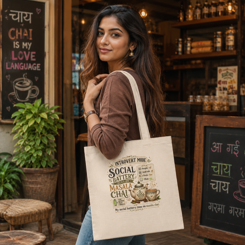 “My Social Battery Runs on Masala Chai” Canvas Tote Bag
