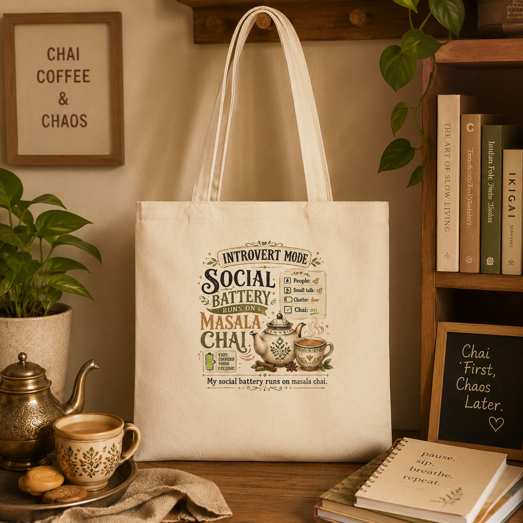 “My Social Battery Runs on Masala Chai” Canvas Tote Bag