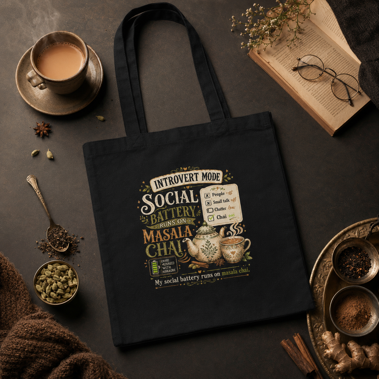 “My Social Battery Runs on Masala Chai” Canvas Tote Bag