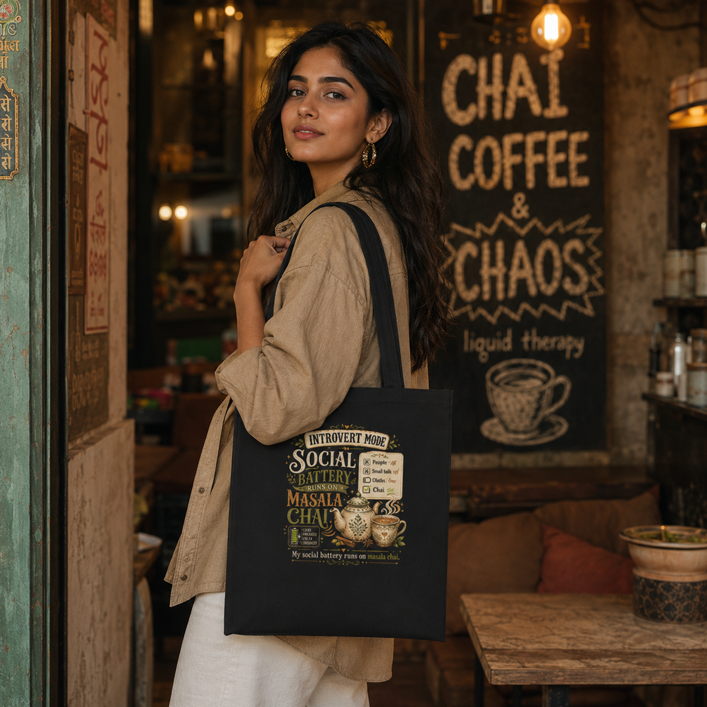 “My Social Battery Runs on Masala Chai” Canvas Tote Bag