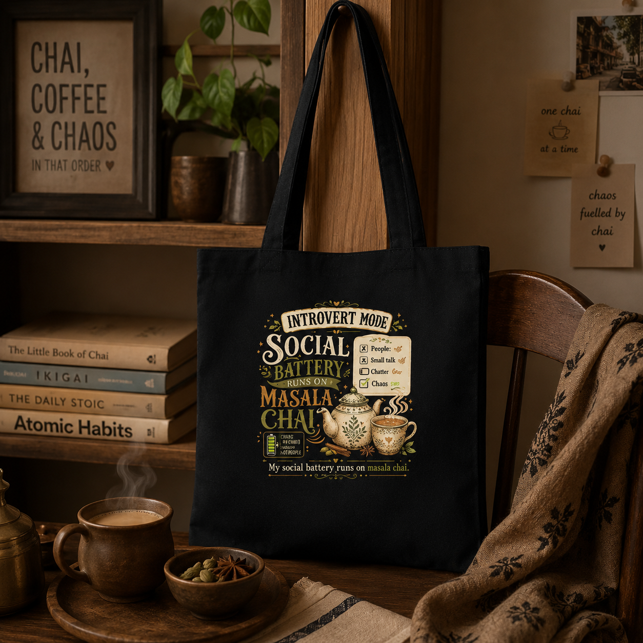 “My Social Battery Runs on Masala Chai” Canvas Tote Bag